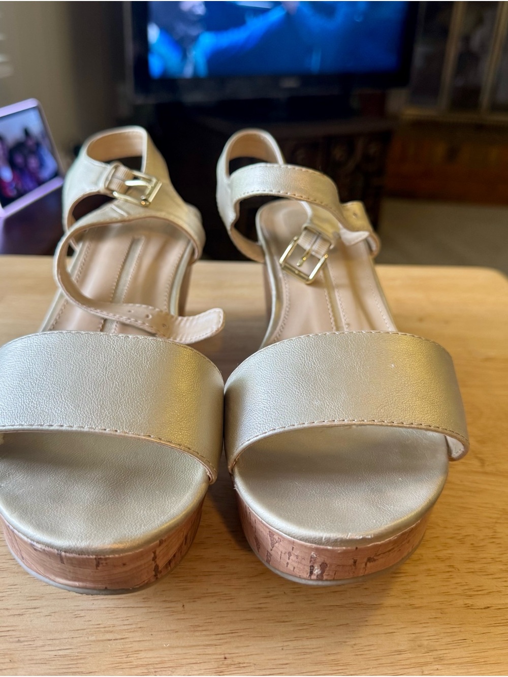 new directions Metallic Gold Cork Wedge Sandals